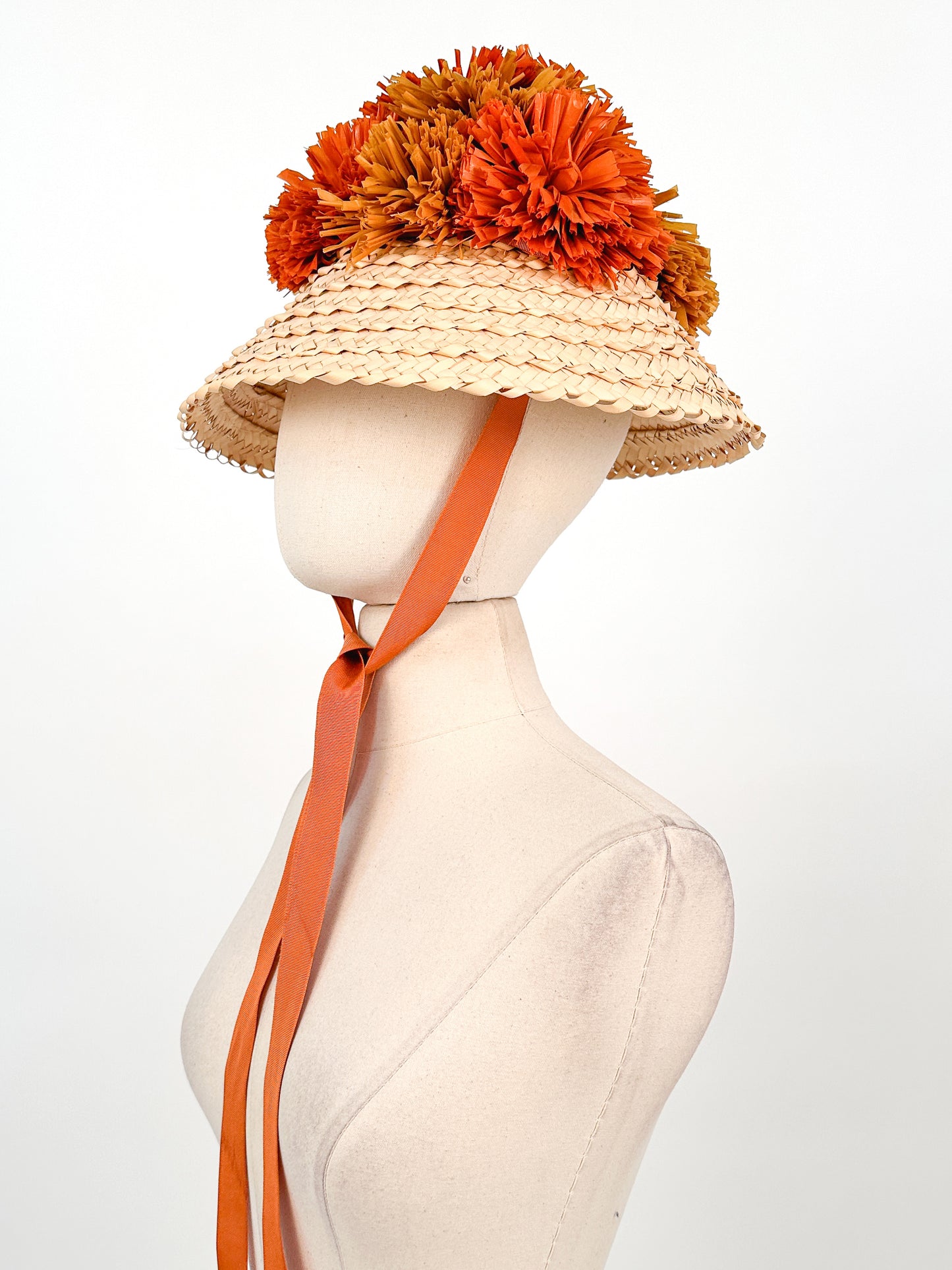 1950s Straw Sun Hat with Raffia PomPoms / One Size