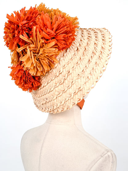 1950s Straw Sun Hat with Raffia PomPoms / One Size