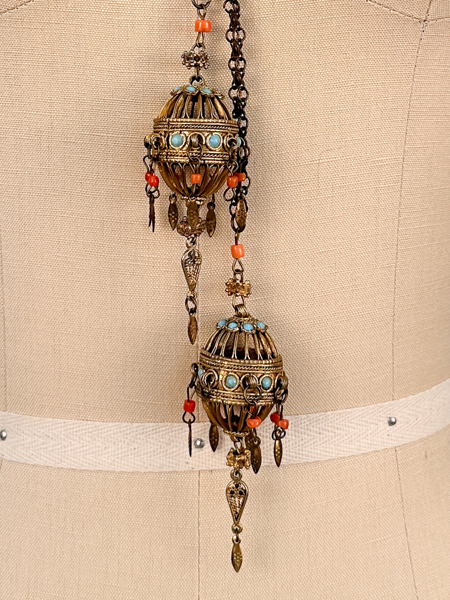 Victorian Lariat Brass Necklace with Coral and Turquoise