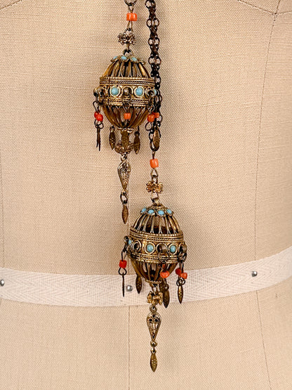 Victorian Lariat Brass Necklace with Coral and Turquoise
