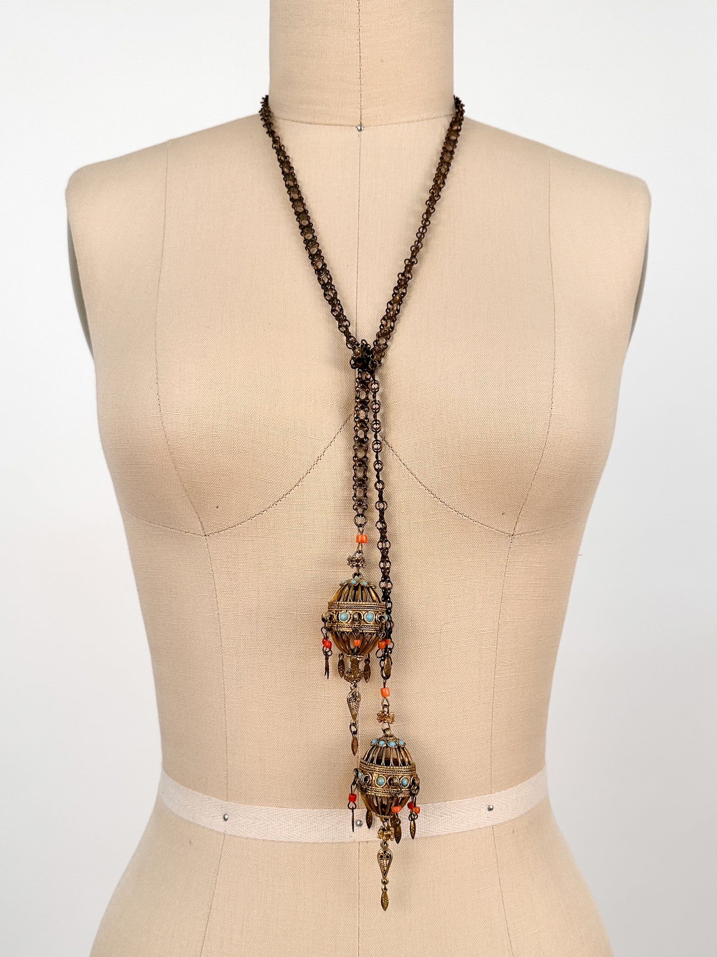 Victorian Lariat Brass Necklace with Coral and Turquoise