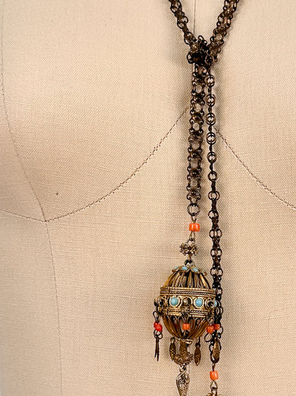 Victorian Lariat Brass Necklace with Coral and Turquoise