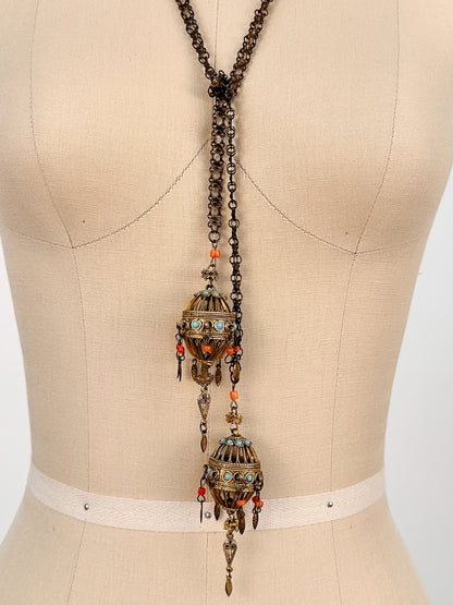 Victorian Lariat Brass Necklace with Coral and Turquoise