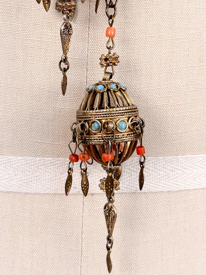 Victorian Lariat Brass Necklace with Coral and Turquoise