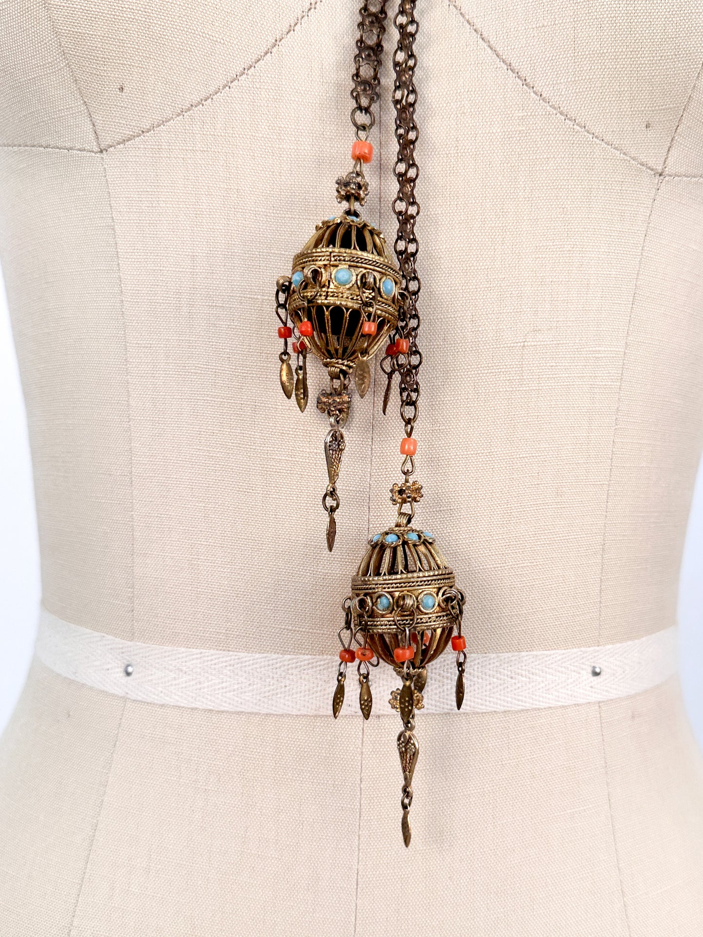 Victorian Lariat Brass Necklace with Coral and Turquoise