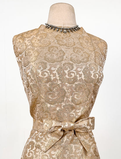 1950s Gold Brocade Dress with Sash / Waist 32
