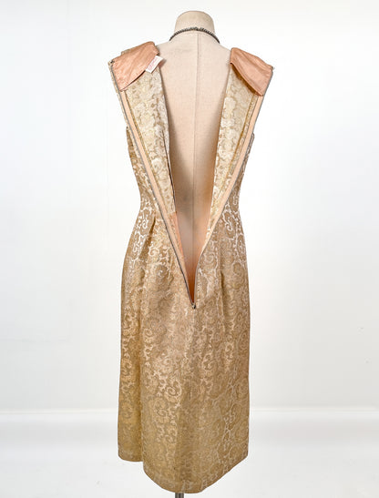 1950s Gold Brocade Dress with Sash / Waist 32