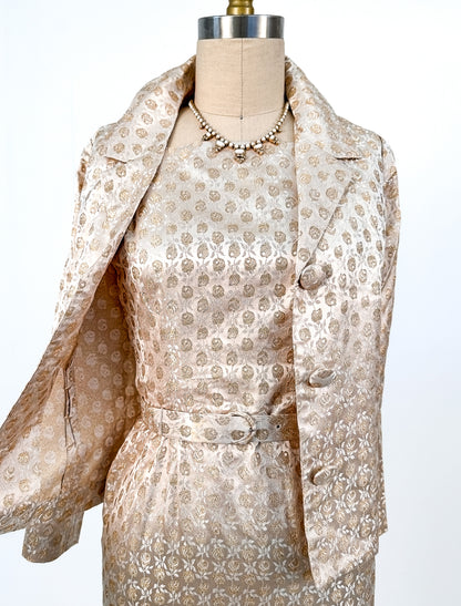 1950s Gold Silk Rose Print Brocade Wiggle Dress with Jacket and Belt / Waist 24.5
