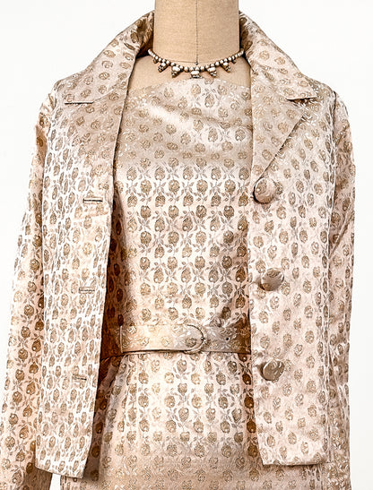1950s Gold Silk Rose Print Brocade Wiggle Dress with Jacket and Belt / Waist 24.5