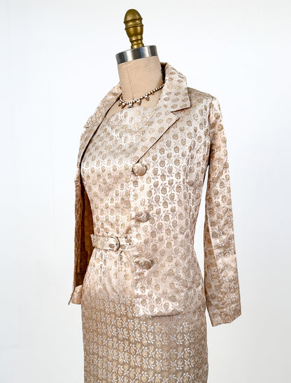 1950s Gold Silk Rose Print Brocade Wiggle Dress with Jacket and Belt / Waist 24.5