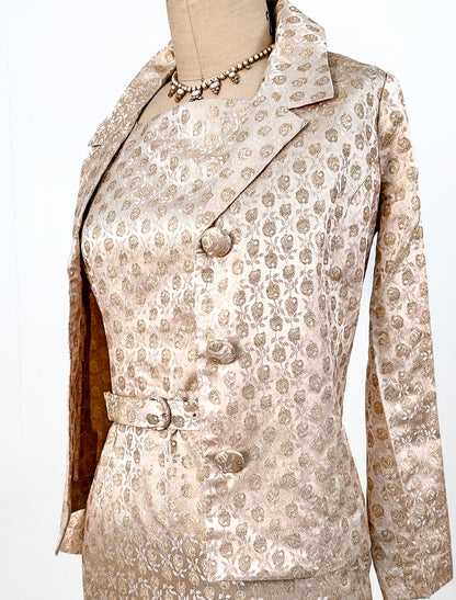 1950s Gold Silk Rose Print Brocade Wiggle Dress with Jacket and Belt / Waist 24.5
