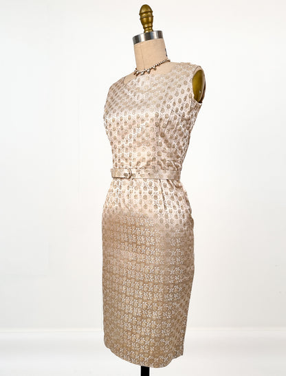 1950s Gold Silk Rose Print Brocade Wiggle Dress with Jacket and Belt / Waist 24.5