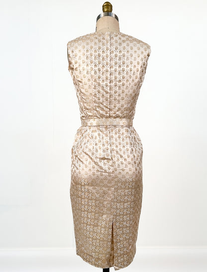 1950s Gold Silk Rose Print Brocade Wiggle Dress with Jacket and Belt / Waist 24.5