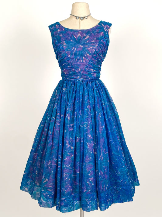 1950s Blue Chiffon Dress by Johnny Herbert / Waist 24