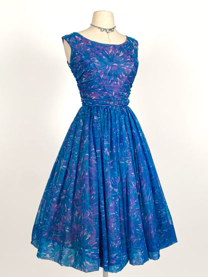 1950s Blue Chiffon Dress by Johnny Herbert / Waist 24