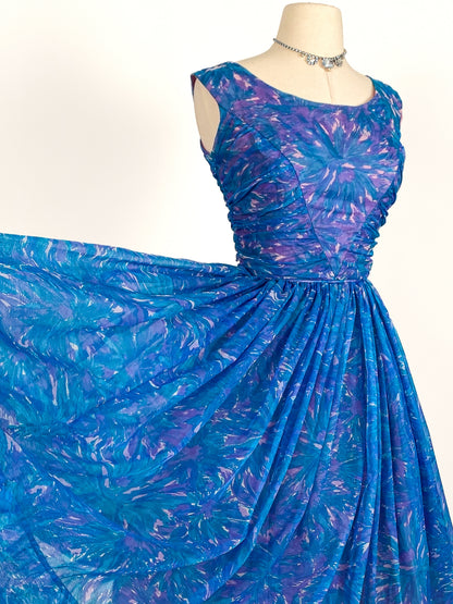 1950s Blue Chiffon Dress by Johnny Herbert / Waist 24