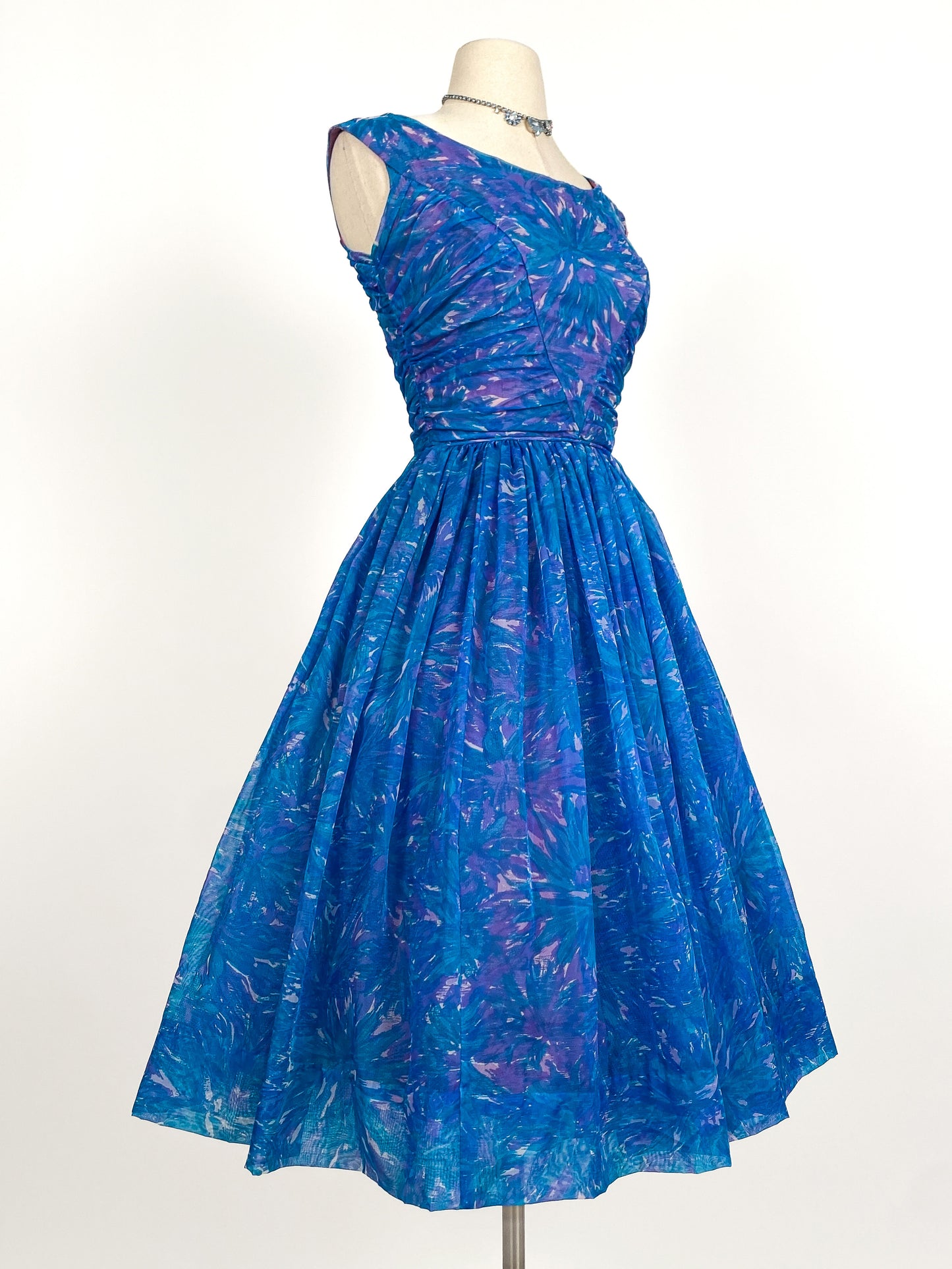 1950s Blue Chiffon Dress by Johnny Herbert / Waist 24