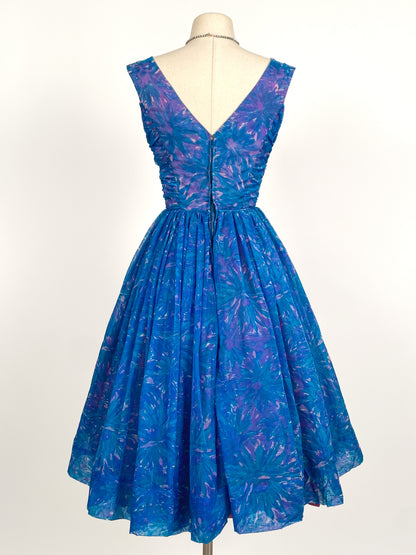 1950s Blue Chiffon Dress by Johnny Herbert / Waist 24