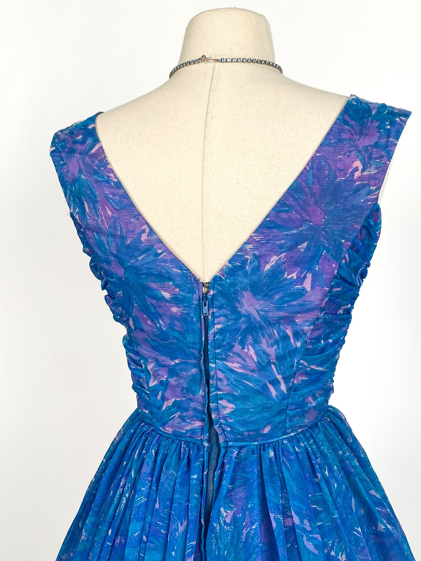 1950s Blue Chiffon Dress by Johnny Herbert / Waist 24
