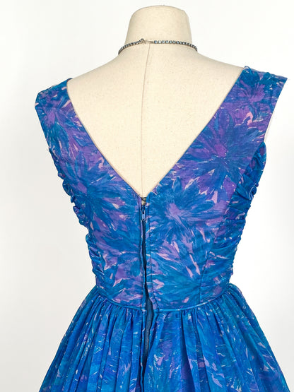 1950s Blue Chiffon Dress by Johnny Herbert / Waist 24
