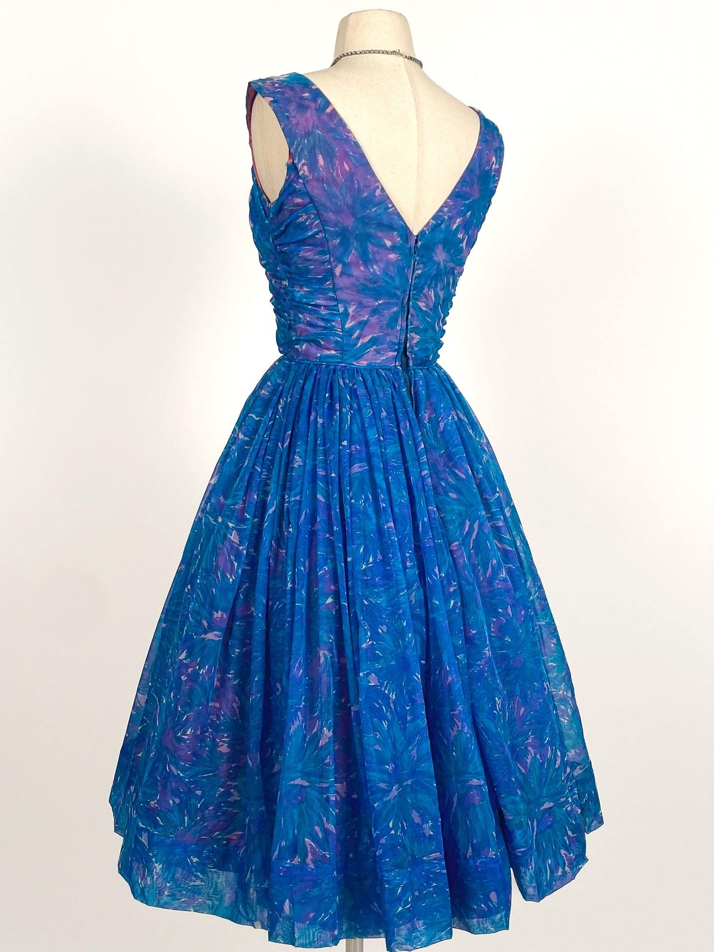 1950s Blue Chiffon Dress by Johnny Herbert / Waist 24