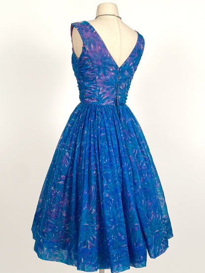 1950s Blue Chiffon Dress by Johnny Herbert / Waist 24