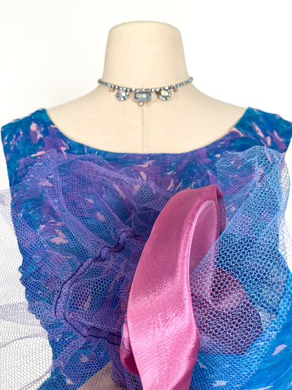 1950s Blue Chiffon Dress by Johnny Herbert / Waist 24