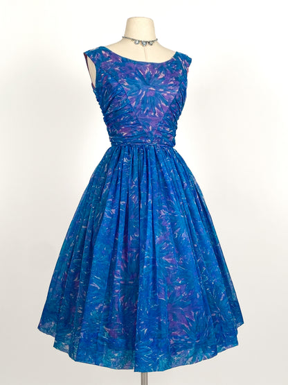 1950s Blue Chiffon Dress by Johnny Herbert / Waist 24