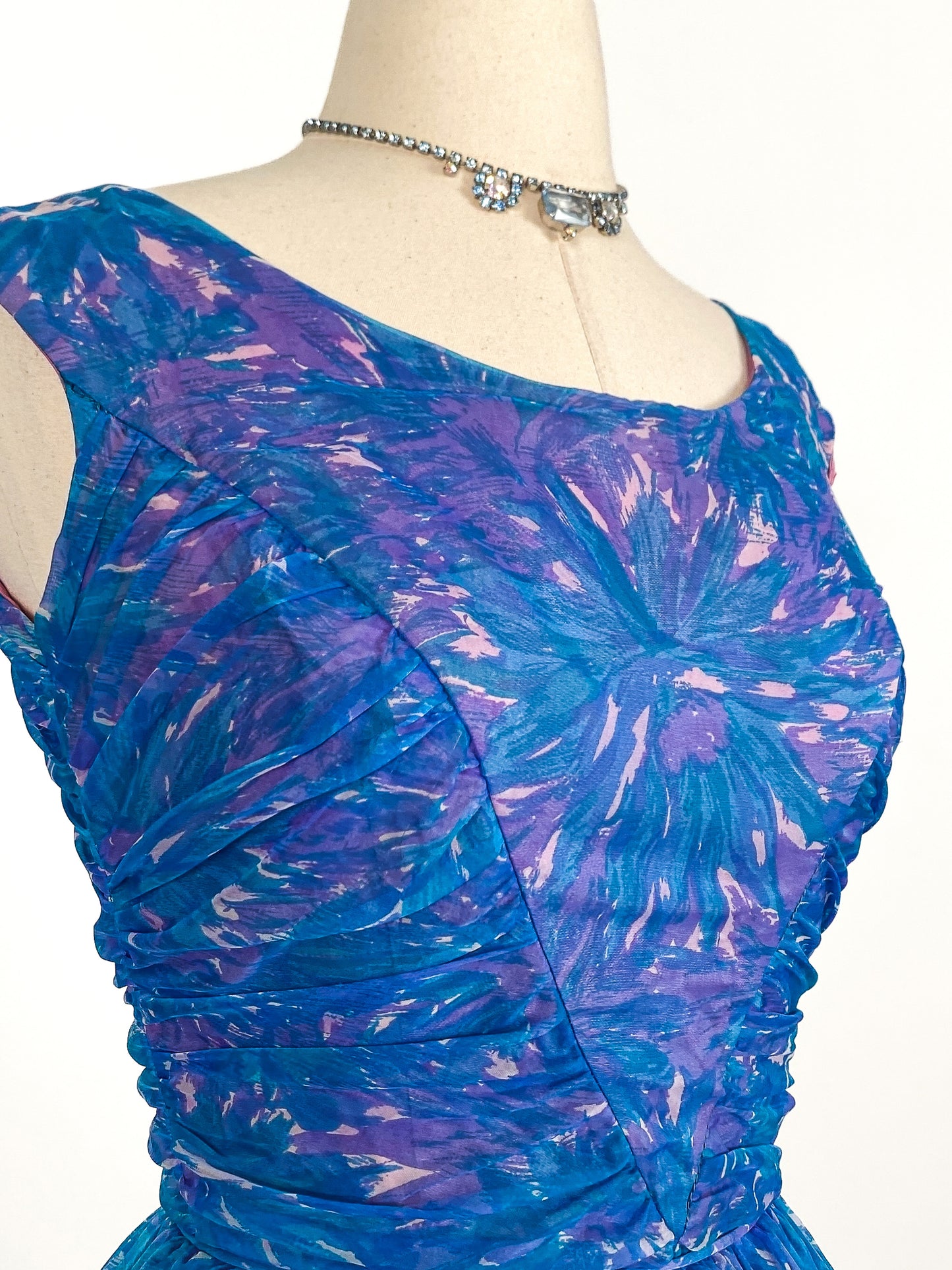 1950s Blue Chiffon Dress by Johnny Herbert / Waist 24