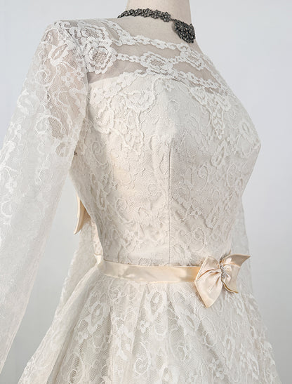 1950s Full Lace Wedding Gown with Watteau Train and Bows / Waist 26