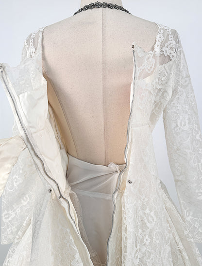 1950s Full Lace Wedding Gown with Watteau Train and Bows / Waist 26