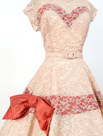 Light Pink Lace Party Dress With Satin Trim and Bows / Waist 30.5