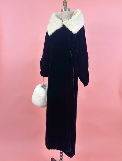 1920-30s Velvet Coat with White Ermine Fur Collar / Waist up to 34"