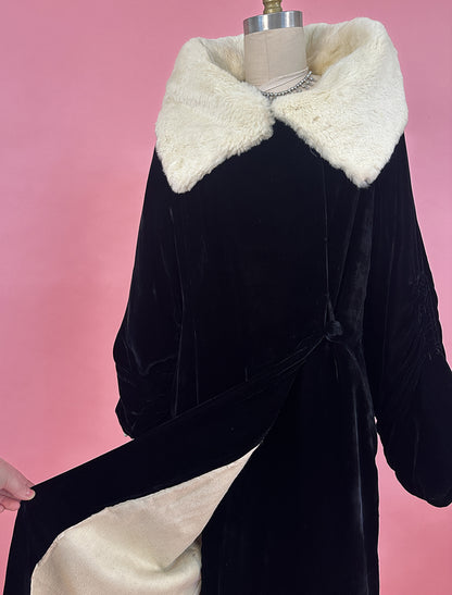 1920-30s Velvet Coat with White Ermine Fur Collar / Waist up to 34"