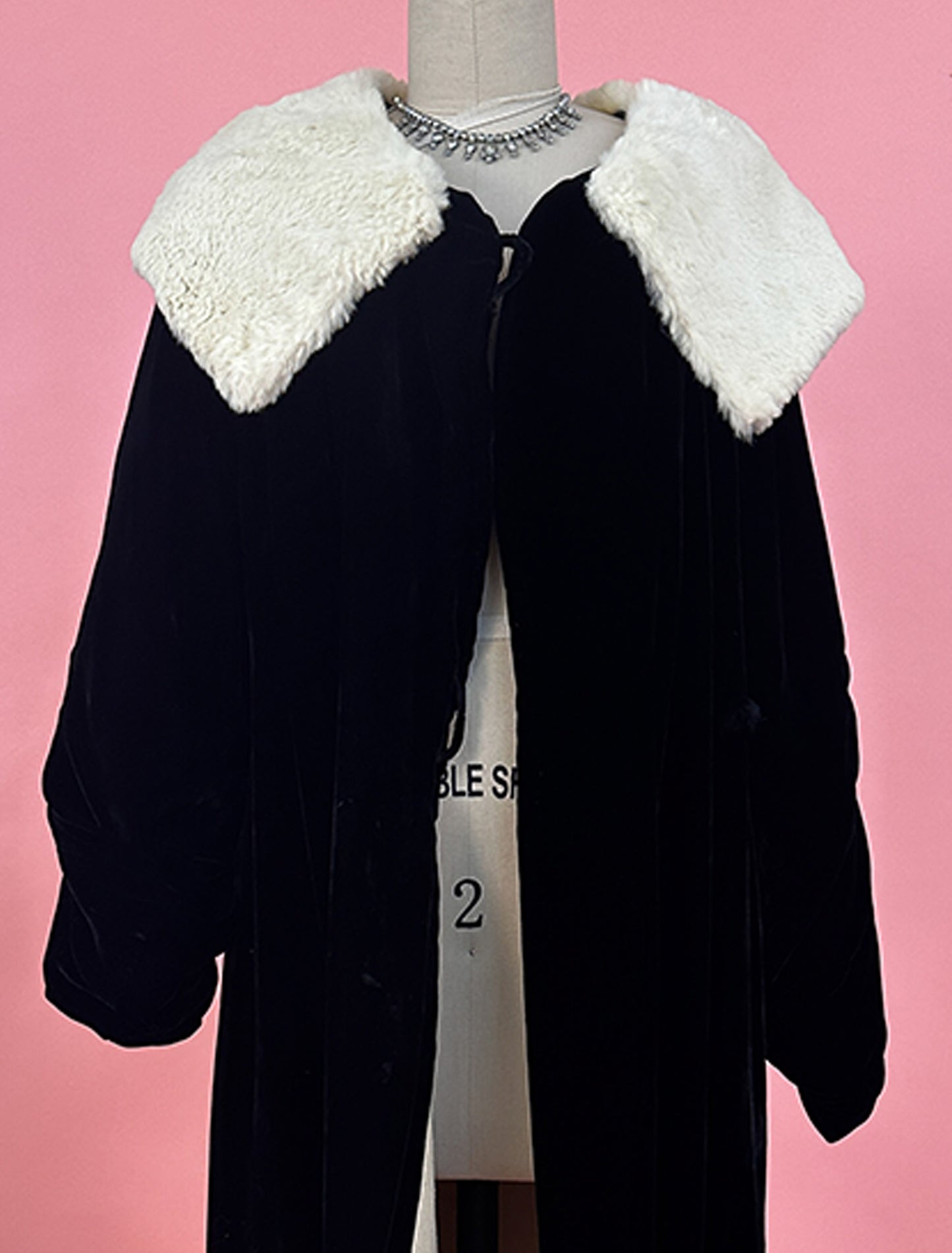 1920-30s Velvet Coat with White Ermine Fur Collar / Waist up to 34"