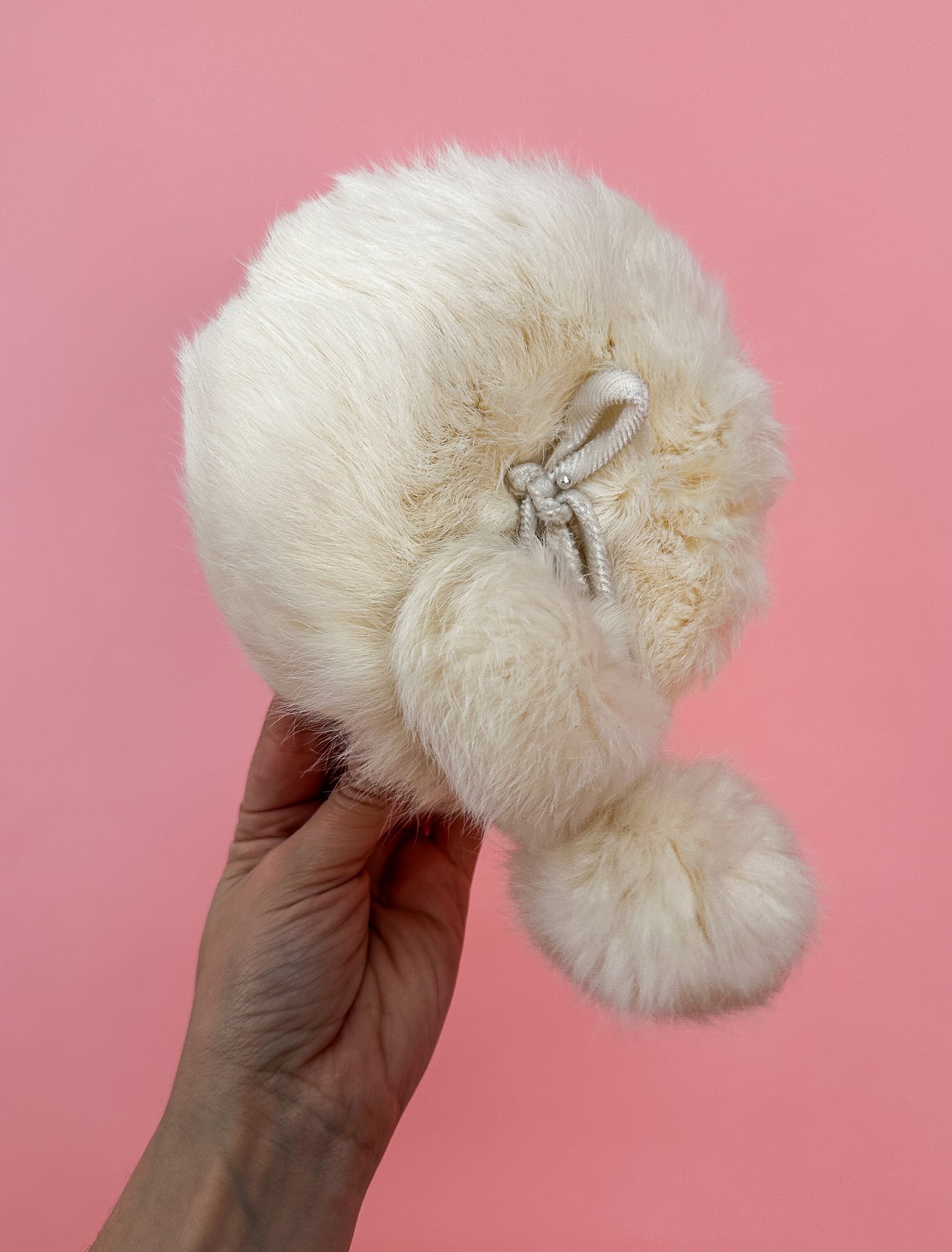 1950's White Fur Fascinator Hat with PomPoms