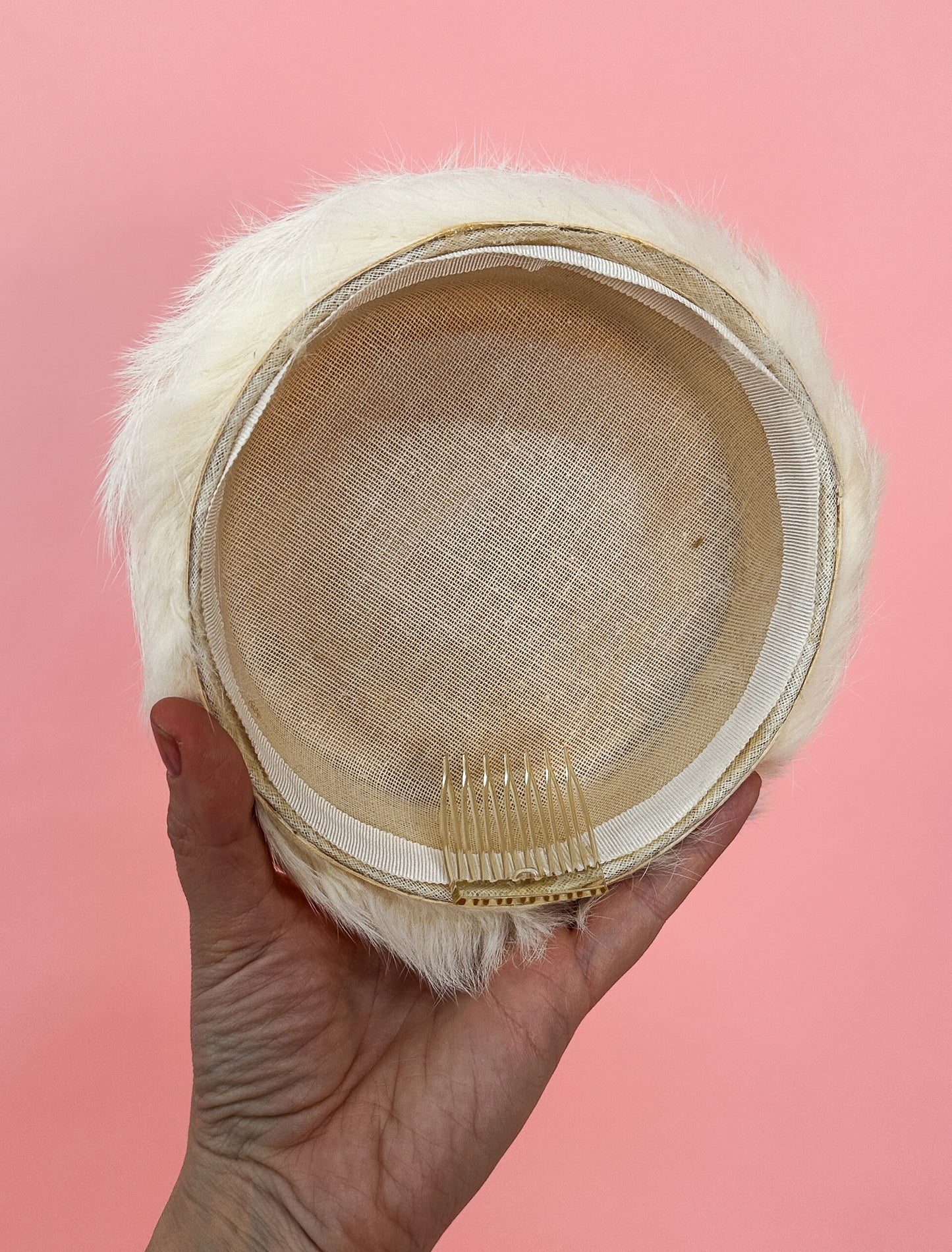 1950's White Fur Fascinator Hat with PomPoms