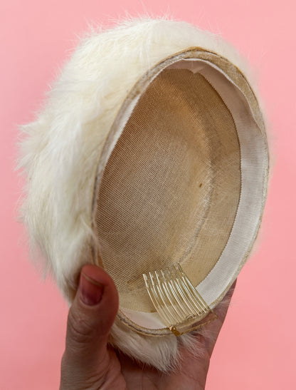 1950's White Fur Fascinator Hat with PomPoms