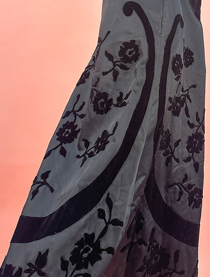 1930-40s Satin Gown with Velvet Floral Appliqués / Waist 30