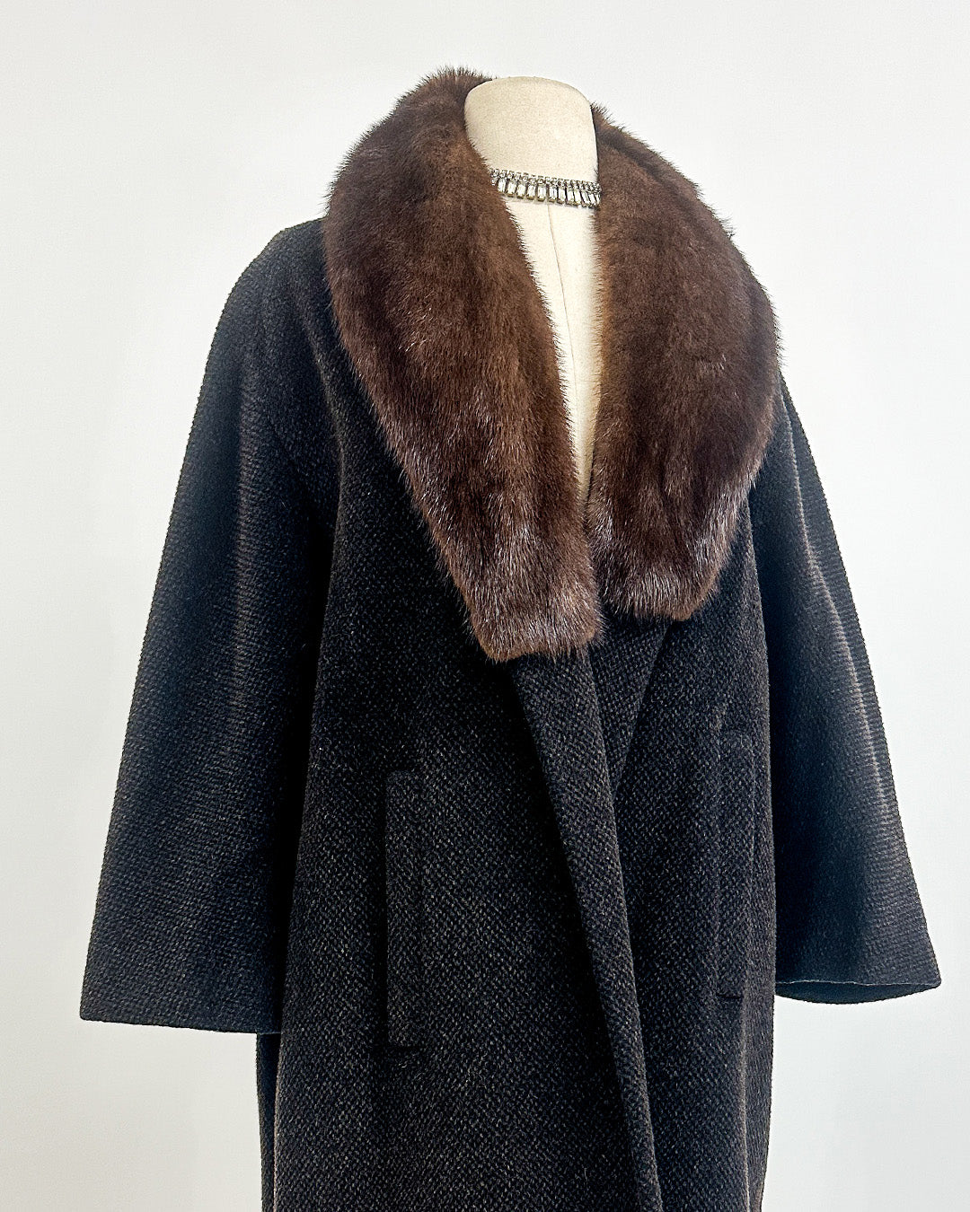 1950s 'The Carnegie Hill' Tweed Coat with Fur Collar
