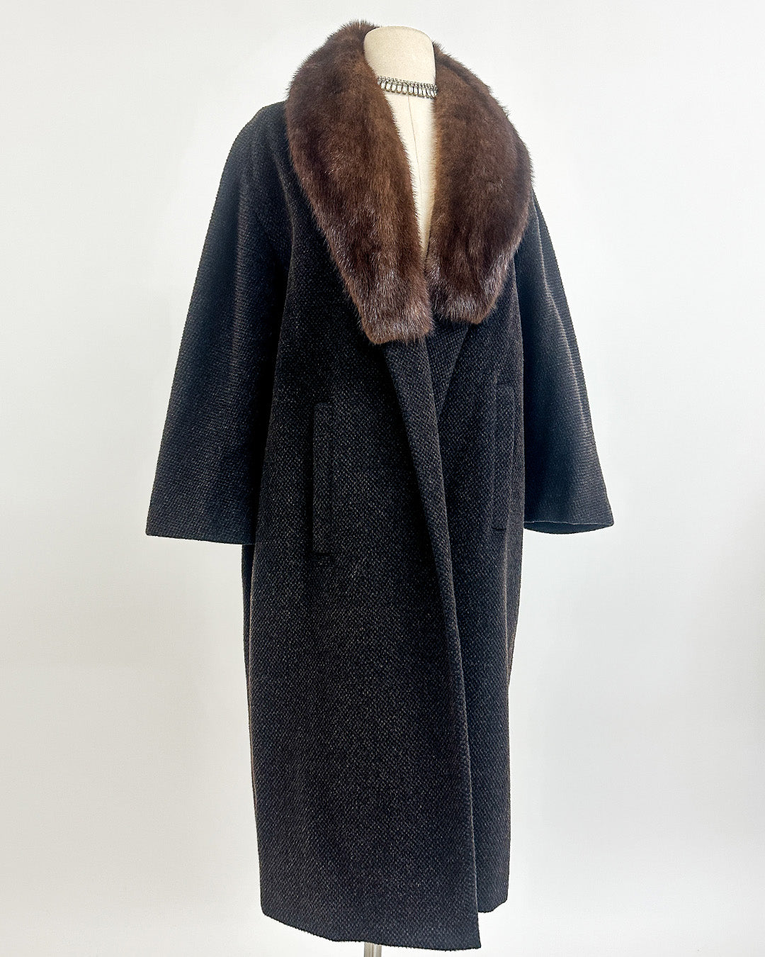 1950s 'The Carnegie Hill' Tweed Coat with Fur Collar