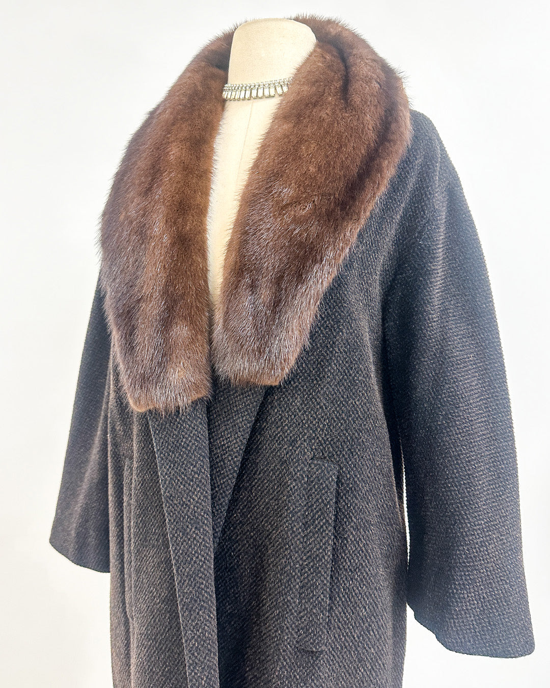 1950s 'The Carnegie Hill' Tweed Coat with Fur Collar