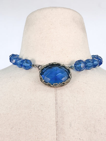 1930s Hand Knotted Fasted Blue Glass Bead Necklace