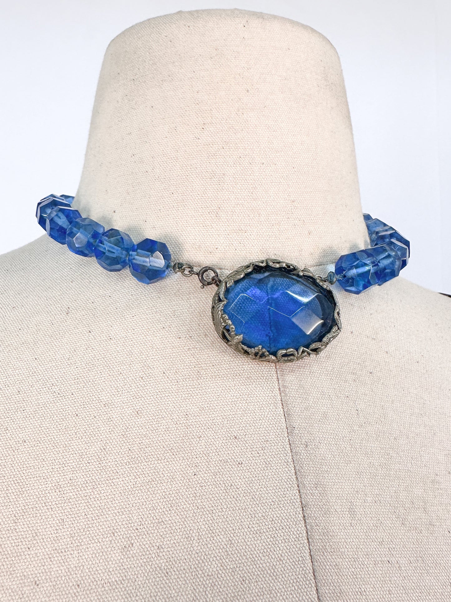 1930s Hand Knotted Fasted Blue Glass Bead Necklace