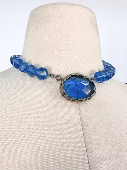 1930s Hand Knotted Fasted Blue Glass Bead Necklace