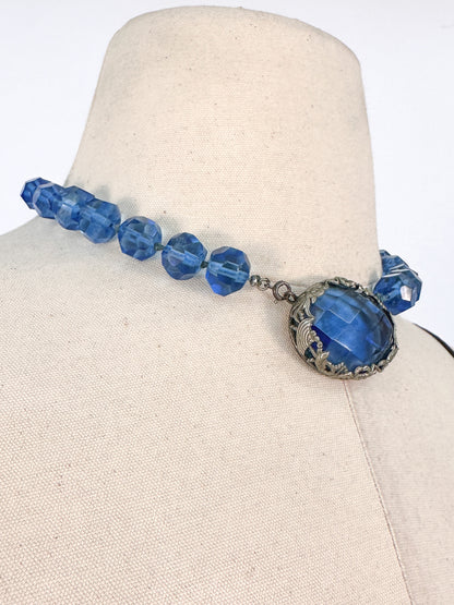 1930s Hand Knotted Fasted Blue Glass Bead Necklace