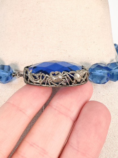1930s Hand Knotted Fasted Blue Glass Bead Necklace