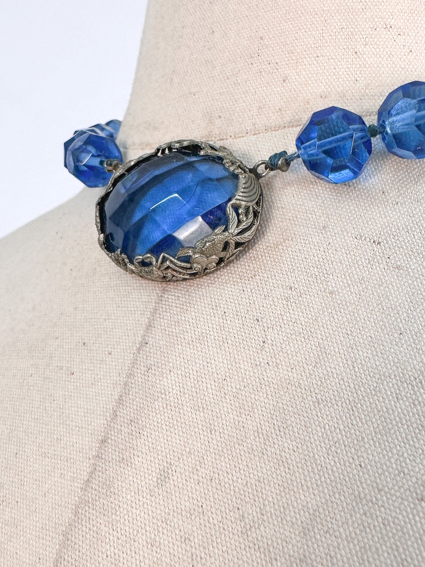 1930s Hand Knotted Fasted Blue Glass Bead Necklace