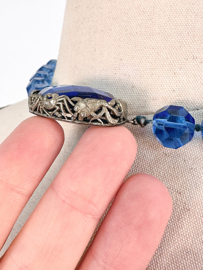 1930s Hand Knotted Fasted Blue Glass Bead Necklace