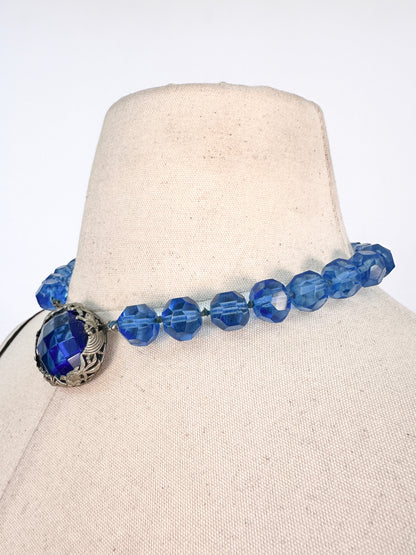 1930s Hand Knotted Fasted Blue Glass Bead Necklace